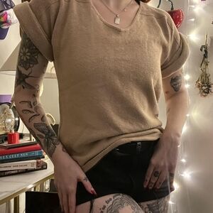 Vintage Khaki Tan Knit Boxy Summer Short Sleeve Sweater